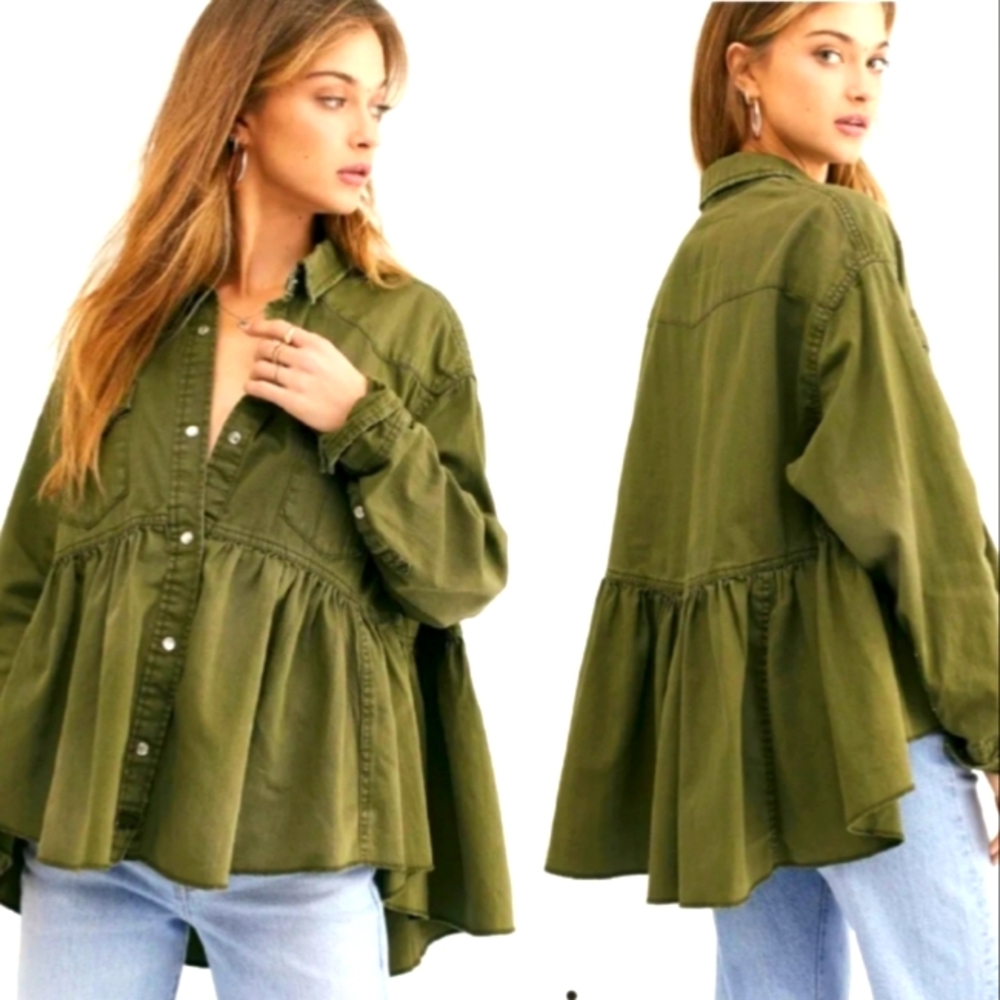 We The Free X-Small Olive/Army Green Dylan Baby Doll Button Shirt Jacket